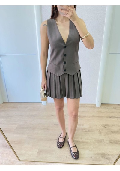 Mbb E-ticaret Kadın Keten Takım Görünümlü Düğme Detaylı Yelekli Mini Elbise - Füme