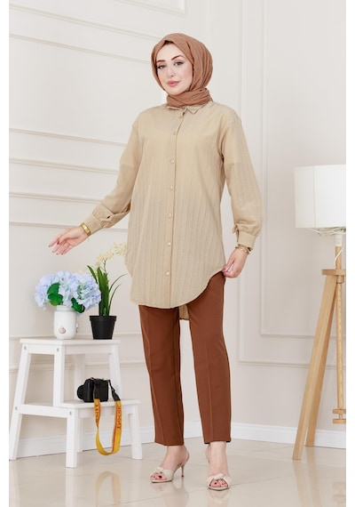 Sevitli Göğüsü Taş Detaylı Oversize Tunik-bej-5226 Bej
