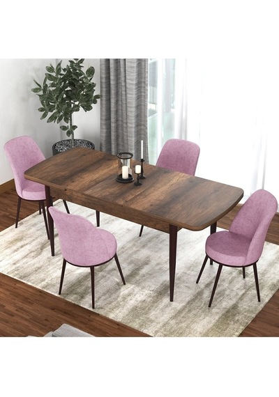 Canisa Concept Kor Serisi 70x114 Açılabilir Mutfak Masası Takımı Barok Desen Masa 4 Pembe Sandalye Masa Barok Sandalyeler Pembe