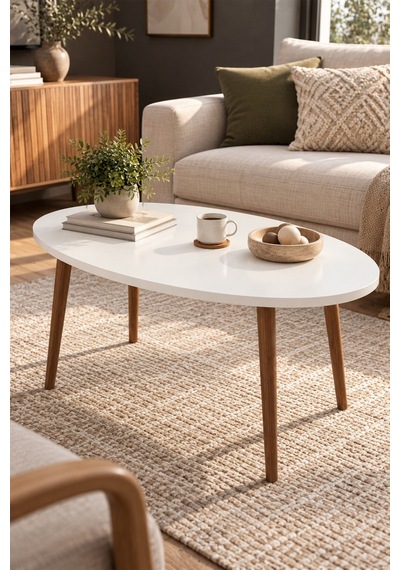Sulorahome Torna Ayaklı Oval Orta Sehpa Beyaz