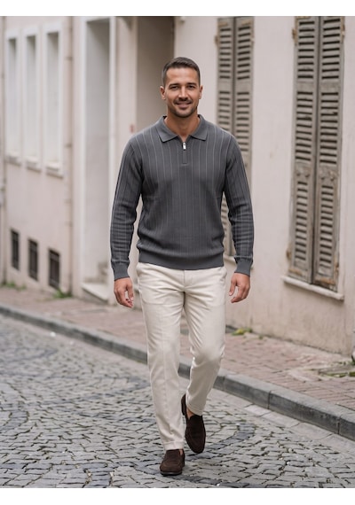 Maccali Erkek Antrasit Fitil Detaylı Fermuarlı Polo Yaka Triko Sweatshirt