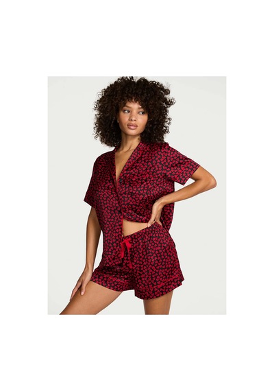 Victoria's Secret Saten Kısa Pijama Takımı Siyah Kırmızı Kalpli
