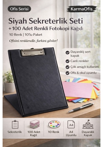 Siyah Sekreterlik Seti + 100 Adet Renkli A4 Fotokopi Kağıdı Dayanıklı Kapak, Çok Amaçlı Kullanım
