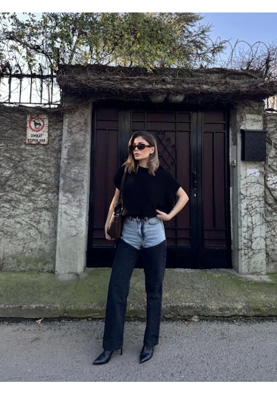 Defymoda Jeans Kot Parçalı Palazzo Pantolon - Siyah Siyah