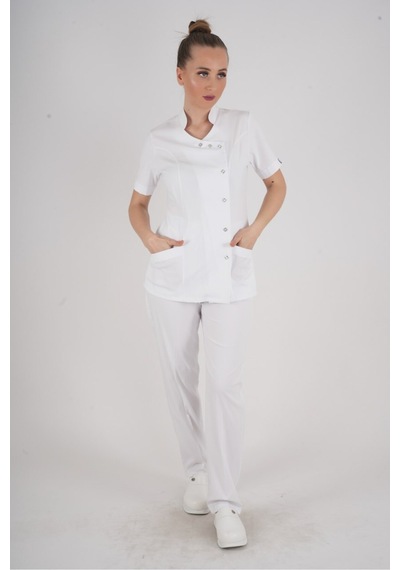 Aylu Model Soft Likra Beyaz Doktor Hemşire Hastane Scrubs Üniforma Takımı Beyaz Beyaz
