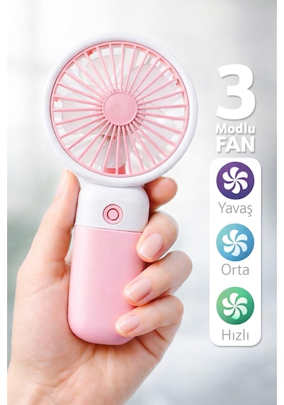 Standlı 3 Mod Şarjlı El Fanı 5 Kademe Seyahat Masaüstü Vantilatör Taşınabilir Mini Fan Pembe F139