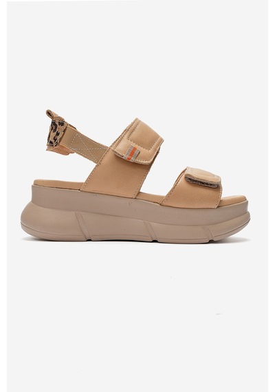Luvishoes Celeste Koyu Bej Hakiki Deri Cırt Bantlı Kadın Kalın Tabanlı Sandalet