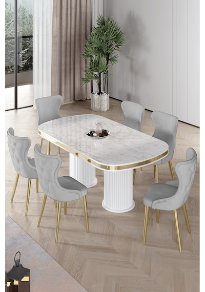 Canisa Galya Serisi Lak Panel 90x168 Sabit Beyaz Mermer Desen Mutfak Masa Takımı 6 Gri Sandalye Beyaz Mermer Desen Masa Gri Sandalye Gold Ayak Canisa Galya Serisi Lak Panel 90x168 Sabit Beyaz Mermer Desen Mutfak Masa Takımı 6 Gri Sandalye Beyaz Mermer Desen Masa Gri Sandalye Gold Ayak