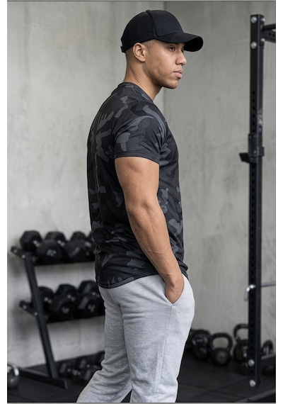 Serablanka Erkek Nem Emici Hızlı Kuruma Atletik Teknik Kamuflaj Desenli Spor T-shirt Lacivert