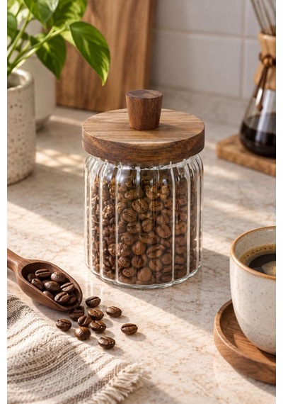 Çizgili Borosilikat Cam Erzak Kavanozu 450 Ml - Masif Akasya Vakum Kapaklı Baharat Ve Kahve Saklama Kabı