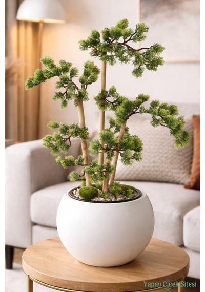 Yapay Çiçek Sitesi Beyaz Küre Saksıda Modern Minimal Tasarım Yapay Bonsai Ağacı Yeşil 65 Cm Yeşil