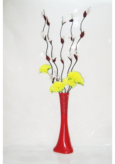 60 Cm Desenli Kırmızı Vazo 5 Adet Beyaz Üzüm ve Sarı Çiçek