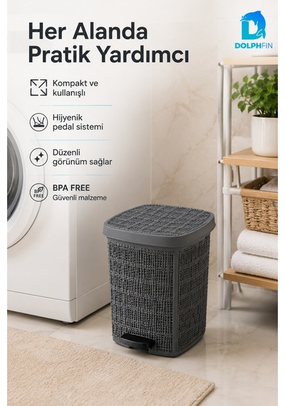 Jute Pedallı Çöp Kovası Kapaklı Plastik Banyo Mutfak Ofis Atık Kovası 30x27x34 Cm Siyah