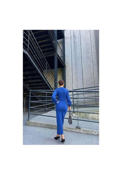 Store Simli Yaka Elbise Kumaş Midi Abiye Kruvaze Saks - 935899160 Saks
