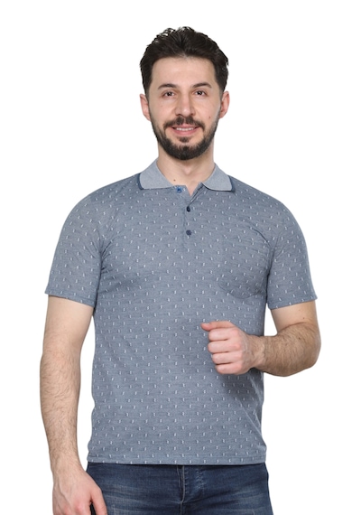 Kzctekstil Erkek Baba Ve Orta Yaş Penye Tişört Yakalı Cepli Jakarlı Desenli Kumaş Klasik Kesim Indigo