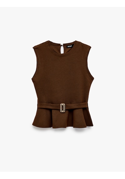 Koton Slim Fit Kolsuz Bisiklet Yaka Kemerli Peplum Bluz Kahverengi 6sak10193ek Kahve