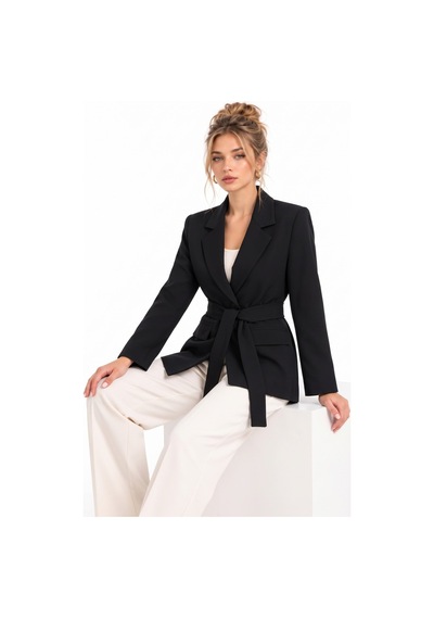 Saade Siyah Kadın Tek Düğmeli Dokuma Kruvaze Blazer Ceket - Kuşaklı