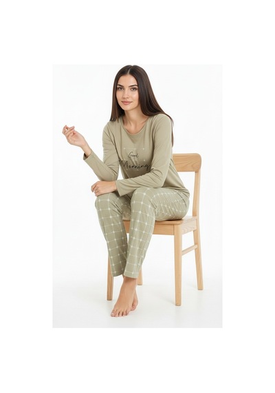 Üstü Yazılı Altı Kare Desenli Elite Viscose Uzun Pijama Takımı Yeşil 3554 Haki