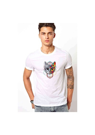 Geometric Art Animal Baskılı Beyaz Erkek Tshirt