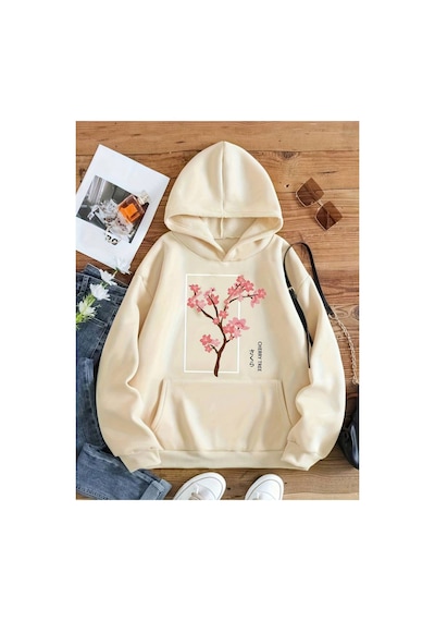 Medinenur Cherry Baskılı Kapüşonlu Sweatshirt Bej