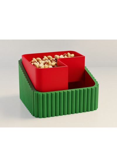 3d Baskı Fıstık Kasesi - Çift Hazneli Kabuk Ayırıcı Sunum Kasesi - Yeşil Kırmızı