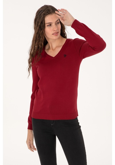 U.S. Polo Assn. Kadın Kırmızı V Yaka Basic Kazak 50313590-VR104 U.S. Polo Assn. Kadın Kırmızı V Yaka Basic Kazak 50313590-VR104