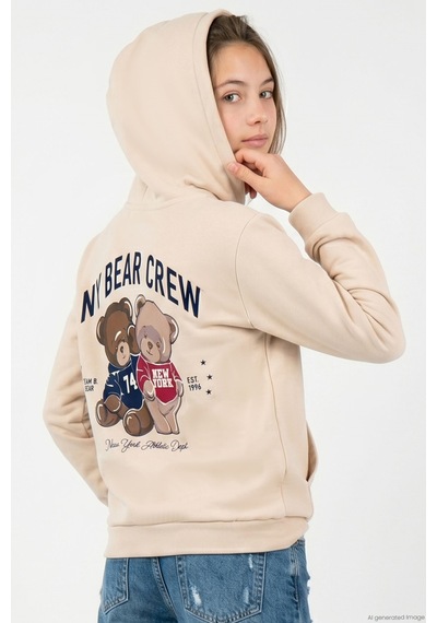 Breeze Kız Çocuk Sweatshirt Sevimli Ayıcıkcıklar Baskılı Sırt Baskı Detaylı 8-14 Yaş , Bej