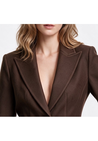 Ekol Kadın Çentikli Yaka Tek Düğmeli Blazer Ceket Yün Karışımlı Kahve