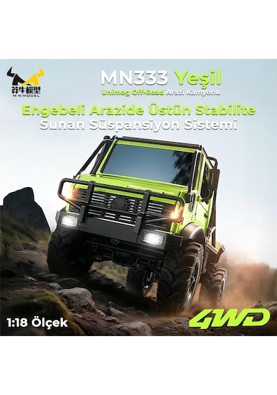 Mn Model Mn333 1/18 Mercedes Unimog U4000 4wd Rc Crawler Offroad Uzaktan Kumandalı Araba Arazi Aracı Model Car Truck Rtr Yeşil Mn-333 +dahili Işık Seti