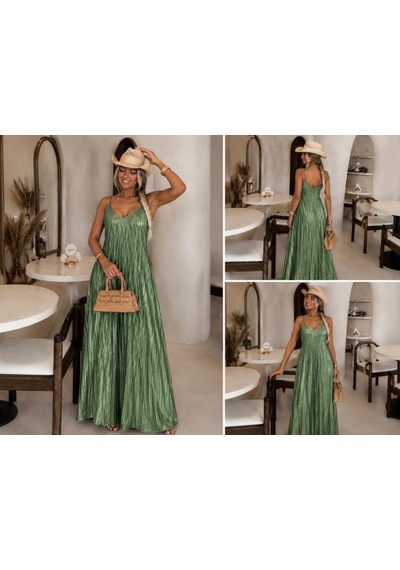 Alyn Wear Yeşil Pliseli Askılı Maxi Elbise