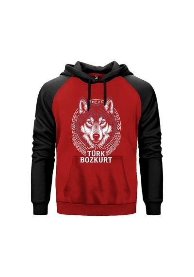 Türk Bozkurt Yazılı Detaylı Kurt Başı Baskılı Gri Renk Reglan Kol Sweatshirt Kapşonlu