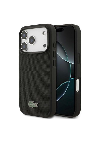 Apple Uyumlu iPhone 18 Pro Kılıf Lacoste Lisanslı M-safe Şarj Özellikli Pu Pike Desenli Metal Logolu Kapak Siyah