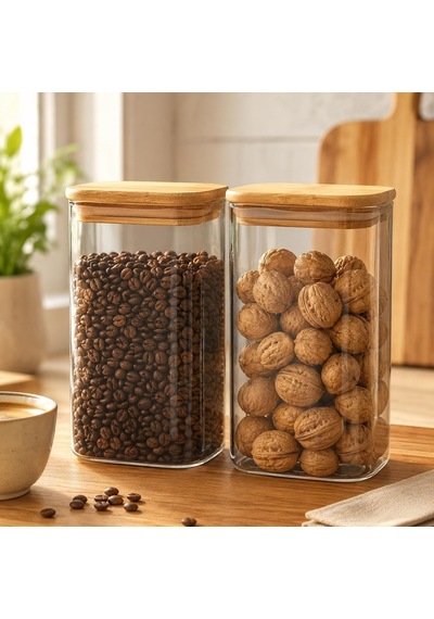 Tr 2'li 1850 Ml Dikdörtgen Cam Kavanoz Seti, Bambu Kapaklı Hava Geçirmez Erzak Saklama Kabı, Makarna Kahve Bakliyat Genel