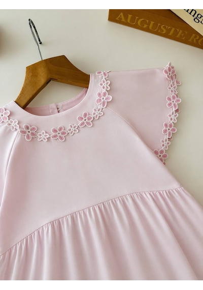 Miniko Kids Kız Çocuk Yaka Çiçek İşlemelei Pamuk Elbise Pembe