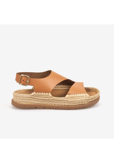 Hawen Angels Kadın Hasır Örgü 3cm Kauçuk Tabanlı Deri Sandalet 4003 Taba