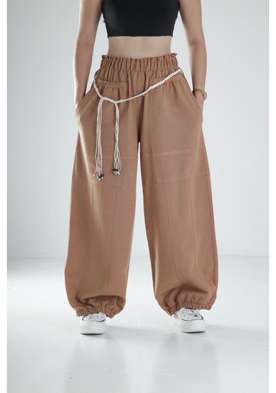 Cocopelli Tasarım Keten Kahverengi Baggy Pantolon Coc1108 Kahverengi