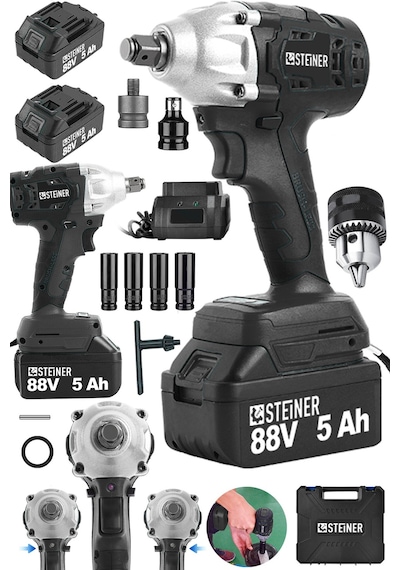 Steiner 88V 5Ah Çift Akülü Kömürsüz Çantalı Matkap Bijon Somun Sıkma Makinesi Siyah + Mandren