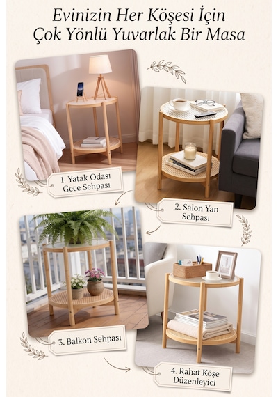 Robin Home Bambu Temperli Camlı Rattan Raflı Yuvarlak Yan Sehpa 45 45cm Bej