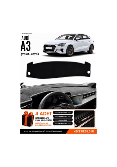 Audi A3 2020-2026 Uyumlu Torpido Koruma, Torpido Örtüsü, Torpido Kılıfı - Siyah Gri