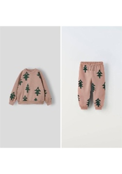 Yeni Sezon 3 İplik Mini Figür Çam Ağacı Desen Mini Figürlü Sweatshirt Eşofman Alt Üst Takım 2 Parça Taş