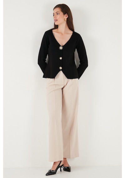 Lela Premium Regular Fit V Yaka Düğmeli Triko Bayan Hırka 680Hi00121 Siyah