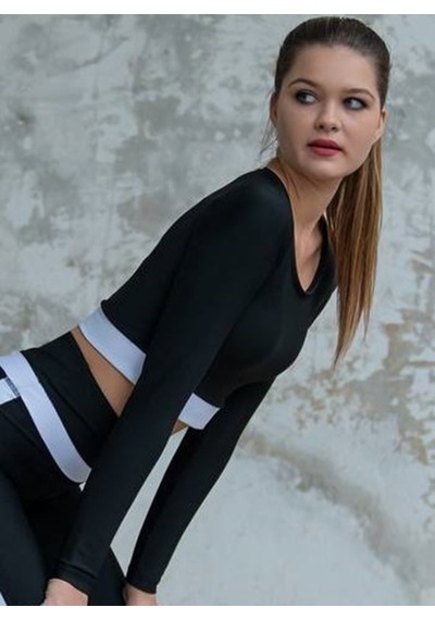 Lismina Beli Beyaz Şeritli Siyah Uzun Kollu Spor Büstiyer Siyah - Beyaz
