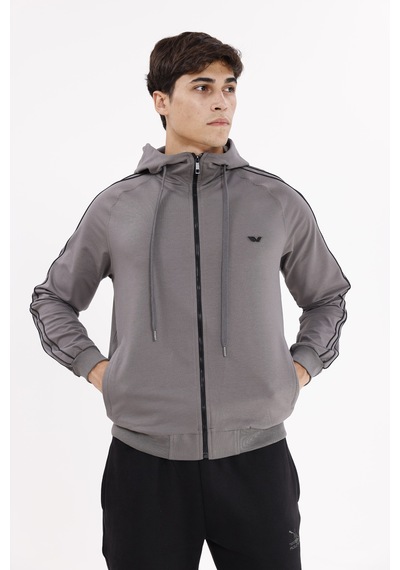 Rowinger Çift Şerit Kol Detaylı Tam Fermuarlı Cepli Rahat Kalıp Ayarlanabilir Kapüşonlu Sweatshirt Antracite