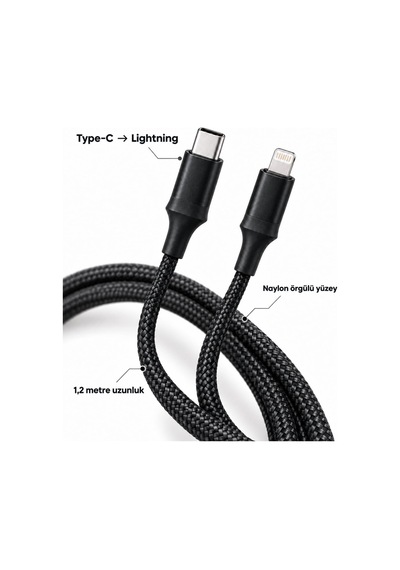 Uzun Ve Dayanıklı Type C Lightning Pd Hızlı Şarj Kablosu Siyah