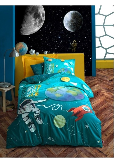 Cotton Box Junior Nevresim Takımı Tek Kişilik Little Astronaut Turkuaz
