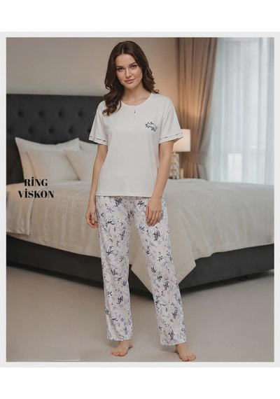 Mihra Kadın Ring Viskon Düğmeli Yaka Kısa Kol Likralı Pijama Takımı 40112e - 1 Adet Ekru