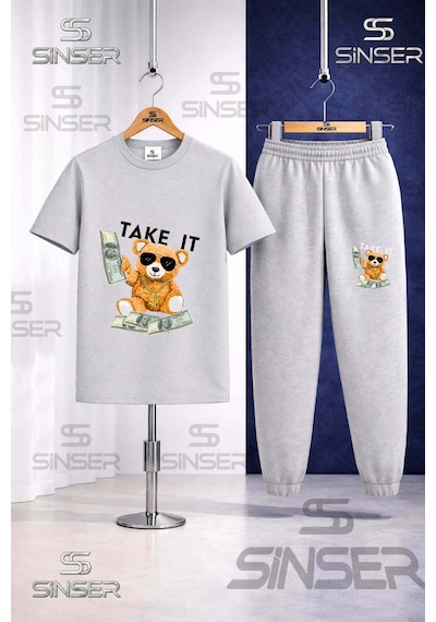 Ss Sinser Çocuk Ayıcık Take It Syh Baskılı Tişort Eşofman Takımı Gri