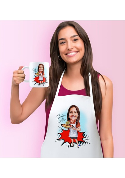 Kişiye Özel Kadın Aşçı Karikatürlü Mutfak Önlüğü Kupa Seti - 2