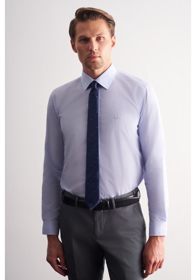 İmza Mavi Uzun Kol Sert Yaka Düz Pamuklu Slim Fit Gömlek 1004260008