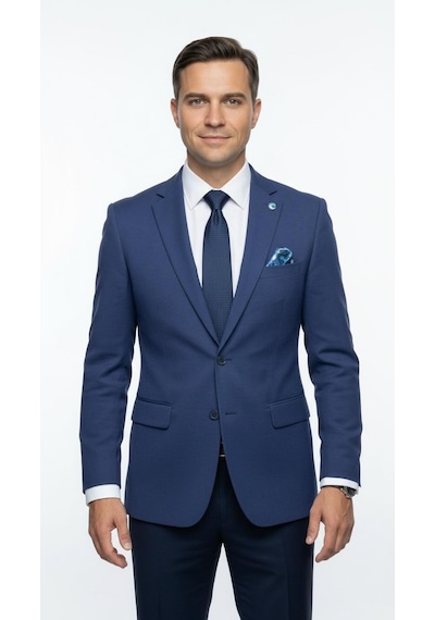 Plus Scorpion Erkek Slim Fit Ceket Likralı Fitilli Kumaş, Çift Düğmeli Tek Yırtmaçlı Modern Tasarım Mavi
